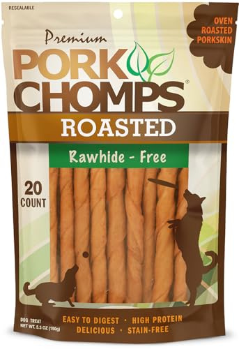 Pork Chomps Roasted Pork Skin Dog Chews, 5 Inch Mini Twists, 20 Count - Long-Lasting Treats for Dogs - High Protein, Rawhide-Free, Low Fat, Healthy & Delicious Chews