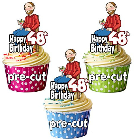 AK Giftshop PRECUT Gin and Tonic Drinker - Men's 48th Birthday - Edible Cupcake Toppers/Cake Decorations (Pack of 12)