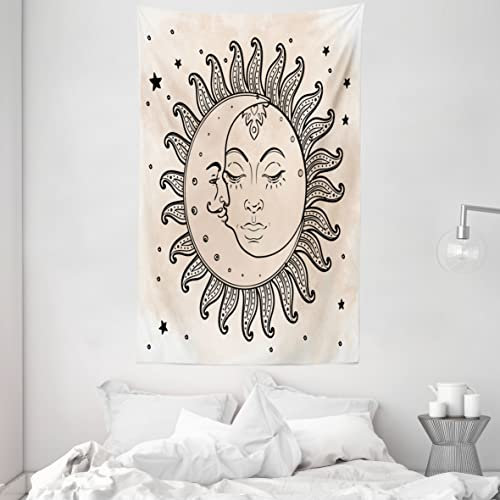 ABAKUHAUS Sketchy Wandteppich, Sonne und Mond Himmlische Komposition Tageszyklus Inspiration, aus Weiches Mikrofaser Stoff Wand Dekoration Für Schlafzimmer, 140 x 230 cm, Schwarz Tan