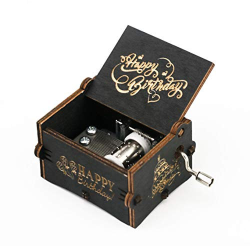 Boîte à musique Happy Birthday en bois sculpté à manivelle - Cadeau musical - Noir