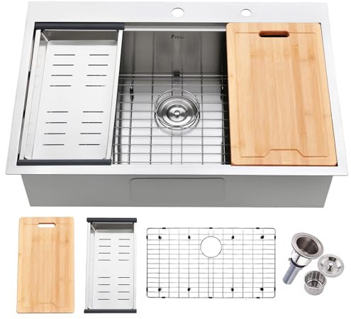 Friho Küchenspüle 22x33x9 inches Einbauspüle Modern Brushed Nickel Metall Gebürstet Gitter Loch 1