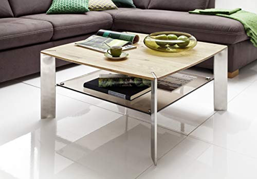 PEGANE Table Basse en chêne Massif et Verre - L80 x H41 x P80 cm
