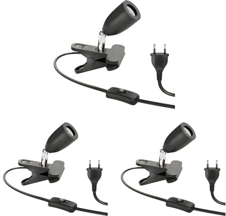 ledscom.de 3 Stück Klemmleuchte LIK, Schalter, schwarz matt, 1x E27 max. 60W