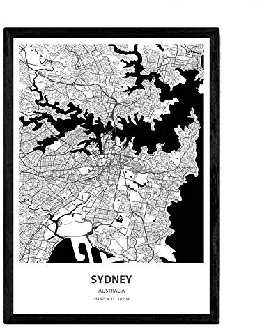 Nacnic Plakat mit Karte von Sydney - Australien. Sheets Städte in Australien mit Meeren und Flüssen in schwarzer Farbe. A4-Format