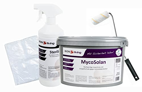 Bioni MycoSolan Schimmel-Sanier-Set und Anti-Schimmel-Set mit Schimmelentferner, Streichwerkzeug und Innenfarbe gegen Schimmel (5,0 Liter)