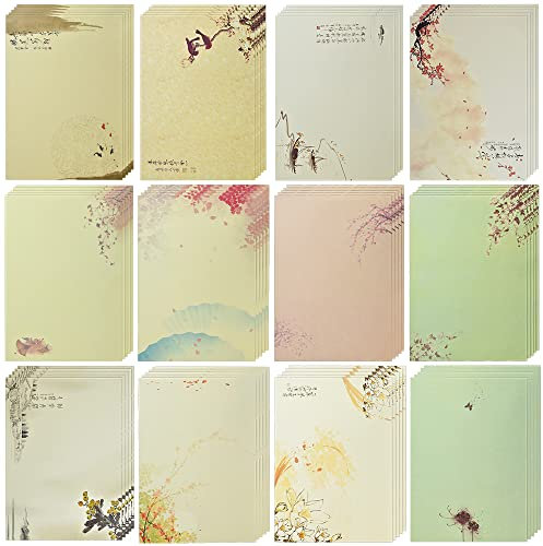CODIRATO 96 Blatt Vintage Briefpapier Blumen Schreibpapier Motivpapier Retro Druckerpapier Antikes Blumen Briefpapier Chinesischer Stil Schreibpapier für Schreiben Bedrucken, 12 Muster
