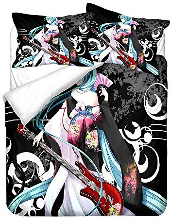 YuZong Hatsune Miku Bettwäsche aus weichem Polyester dreiteilig Anime-Bettbezug Kissenbezug Anime-Figuren Cartoon-Kinder Kinder Teenager Erwachsene