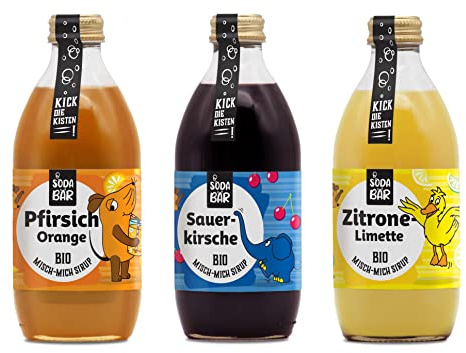 SodaBär | Bio Sirup Set Maus > Pfirsich Orange | Sauerkirsche | Zitrone-Limette > bis zu 12l Getränk mischen, 100% Bio, 100% lecker und 100% Maus