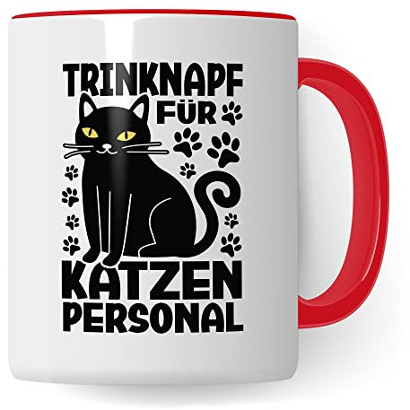 Katzen Tasse Kaffeetasse Humor Kaffee-Becher mit Spruch Katze Witz Katzenmama Trinknapf für Katzenpersonal Trinknapf Geschenk Geschenkidee für Katzenliebhaber Katzentasse Tasse fürs Büro (Weiß/Rot)