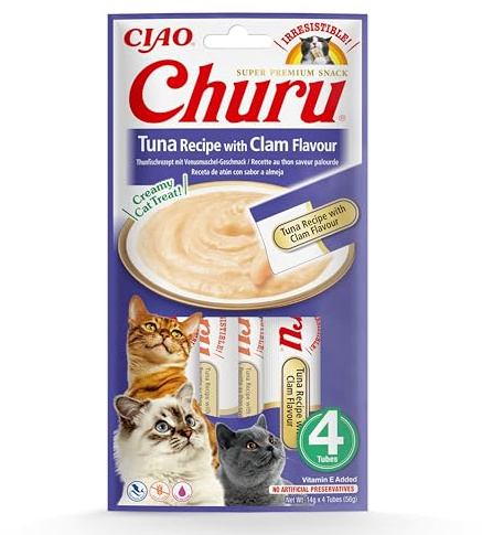 Ciao Churu Sticks by INABA Cat Treat - Tuna & Clam Flavour (4 x 14g) / Soft & Creamy Cat Treat, Delicious & Healthy Snack, Squeezable Purée Food Topper, Pill Assist, Natural, Grain Free | Delicious Lick Snacks for Felines, Smooth and Smooth Texture, Premium Ingredients, Low Calories, Liquid Stick