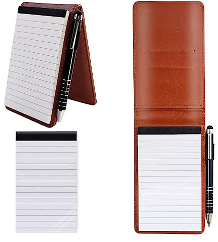 FINEASY Mini Pocket Notebook A7 Holder Set 100 Page 88G PU Leather Notebook with 50 Lined Sheets and 1Pc Metal Pen Small Notepad for School Office Business Home Note Writing (brown)