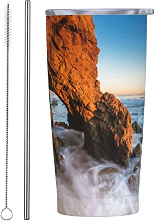 LOUJIN 590 ml Reisebecher Strand Malibu Tumbler mit Strohhalm und Deckel, isolierte Kaffeetasse, Edelstahl, auslaufsicher für kalte heiße Getränke