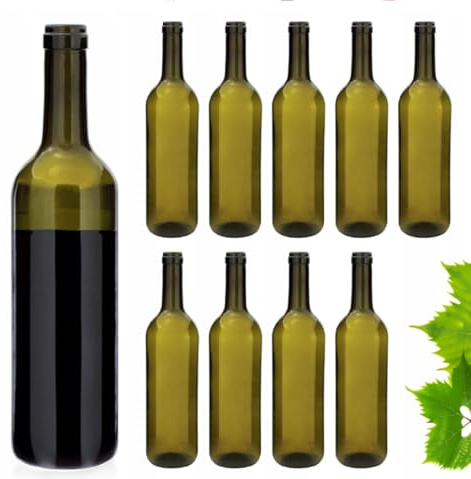 10x Weinflasche 750 ml ohne/mit Korken Glasflasche Leere Flasche Likör Wein 3 Farben (10 STK. ohne Korken, Olivgrün)