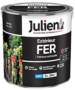 Julien Peinture Fer Anti-Rouille Mat - Portes, grilles, portails, mobilier de jardin en métal - Noir Mat 2 L