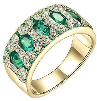 Lieson 14K Goldring Damen 585 Echtgold, Ehering Frauen Luxus Breit Oval 1.55ct Smaragd mit 0.25ct Diamant Hochzeit Ringe Gelbgold Große 49 (15.6)