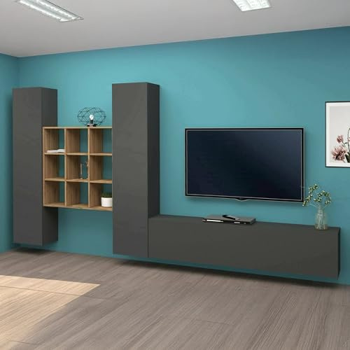 Dmora - Ausgestattete Wand Denis, 3-türiges TV-Ständer-Wohnzimmerset, Mehrzweck-Wohnzimmermöbel, 100% Made in Italy, 270 x 30 x 180 cm, Anthrazit und Ahorn,
