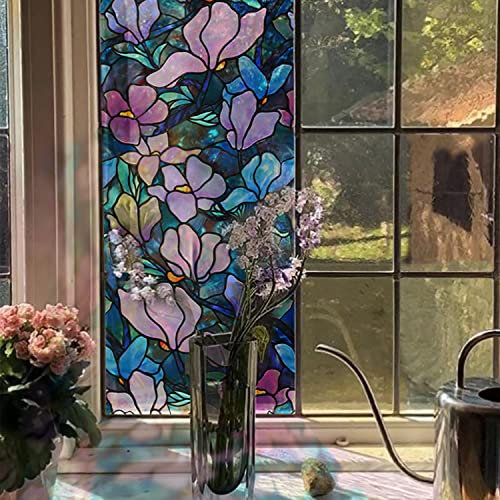 Neukids Selbstklebende Handbemalte Magnolie Fensterfolie, Statisch Haftend Sichtschutzfolie, Doppelseitig Fensterfolie Buntglas, Schlafzimmer Wohnzimmer Küche Glasaufkleber 45x300cm