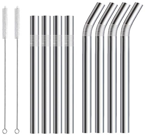 SKHAOVS Paille Inox Reutilisable 10 Pcs (4 Droites 216mm + 4 Courbées 266mm+2 Petite Brosse), 0,4 '' Pailles de consommation en métal pour Cocktails, Lait Glacé,Milkshakes, Café Glacé