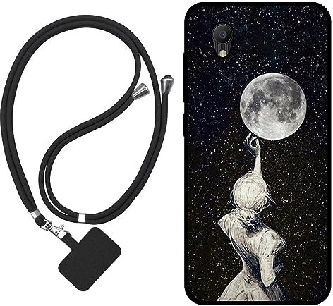 Sunrive Funda Compatible con Alcatel 1,Slim Fit Gel Mate Carcasa Case Bumper de Impactos Espalda Cover (Sombra de Espalda,Luna,Estrellas)+1 X Correa Universal