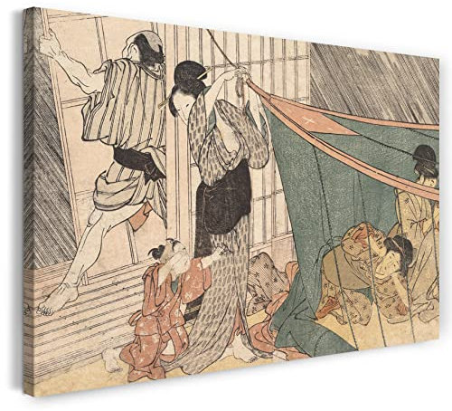 Leinwandbild (30x20cm) Kitagawa Utamaro: Das nahende Gewitter, aus dem Bildband Blumen der vier Jahreszeiten, Leinwand auf Keilrahmen gespannt und fertig zum Aufhängen, hochwertiger Kunstdruck aus ..