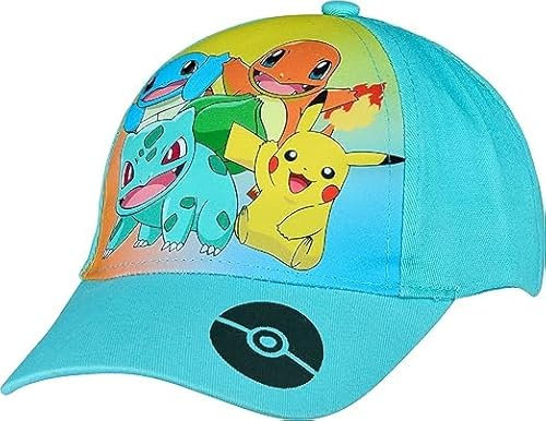 Fashion UK Offizielle Pokemon Mütze Starter Cap Pikachu Squirtle Charmander Bulbasaur Baseball Cap mit Schirm Kinder Jungen Blau Gelb, Mehrfarbig, 54