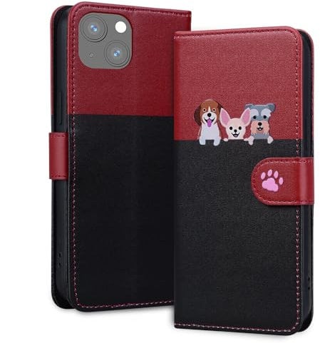 Tiyoo Lovely & Cute Flip Wallet Phone Case for iphone 13 Pro with Cartoon Cat&Dog Pattern,Premium Magnetic PU+TPU Leather for high protection phone cover for iphone13 Pro(Black Red)