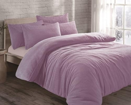 Brit House Teddy Bear Fur Sherpa Fleece Duvet Cover Set Pillowcases Bed Linen Super Soft Cosy Warm Winter Quilt Cover Bedding Set (Lilac, Double)
