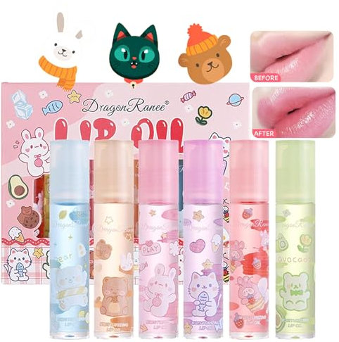 Xumann 6 Pcs Girls Lip Gloss Set, Cute Lipgloss Sets Kids, Fruit Clear Roll on Lip Oil for Teenage