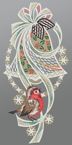 Plauener Spitze Fensterbild Weihnachtsglocke mit Rotkehlchen (BxH) 16cm x 34cm, Mehrfarbig, Fensterdekoration und Fensterschmuck