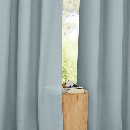 PONY DANCE Leinenoptik Gardinen mit Kräuselband 2er Set Wohnzimmer Vorhänge Halbtransparent H 245 x B 140 cm Vorhang Leinen Boho Gardine Halbtransparent Linen Curtains with Rail Hooks, Graublau