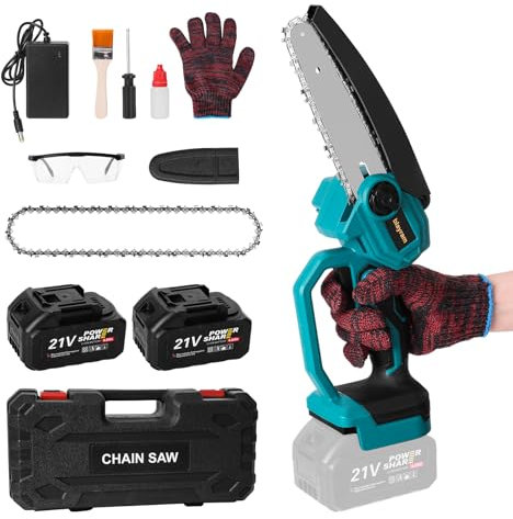 Mini Chainsaw Cordless 6 inch, Light Weight Mini Electric Chainsaw with 2 Battery 4000mAh & Quick Charger, Portable Handheld Chainsaw for Garden Courtyard Tree Trimming Branch Wood Cutting