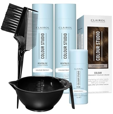 Clairol Professional Colour Studio Permanent Colour Cream Hair Dye | Long-lasting Rich Tones | 100% Grey Coverage | Hair Colouring Kit | 3-step Routine with Accessories | 5/0 Cocoa Brown