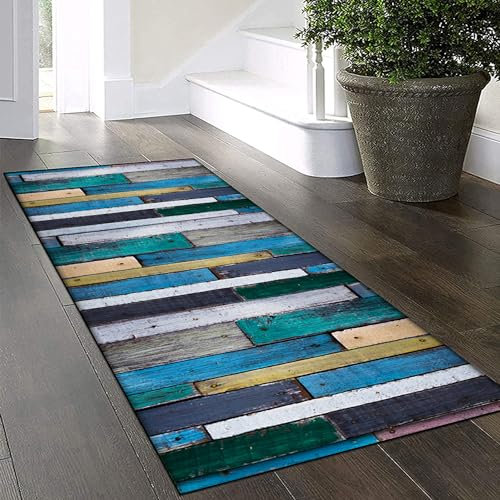 Yinghesheng Teppich Läufer Flur rutschfest Waschbar 90x150cm Bunter Holzmaserung Patchwork Teppich Für Küche Polyester Eingangsteppich Für Küche, Flur, Eingang, Esszimmer, Waschküche, Balkon