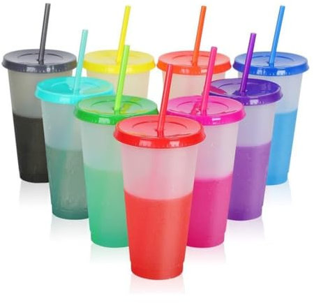 MEETOZ Reusable Plastic Cups with Straws & Lids,10Pcs 24oz Iced Water Colour Changing Cups,for Cute Durable Travel Party Cup for Adults