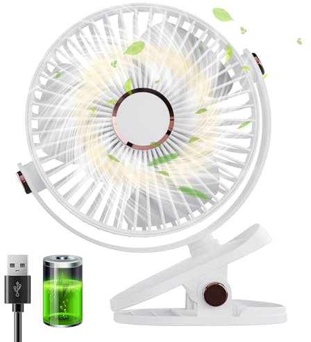 Huifengjie Ventilador de Mesa con Pinza 5000mAh Portatil Mini Ventilador USB Silencioso Pequeño Ventilador de Escritorio 5 Velocidades 720° Rotation Ventilador a Pilas para Oficina Hogar Camping