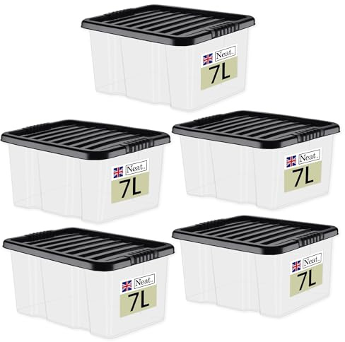 Neat. Plastics 7L Heavy Duty Storage Box, Clear Base, Black Lid - Organise Easily with Plastic Storage Box with Lid, Ideal Clear Boxes for Storage, Durable Plastic Boxes with Lids Storage, Pack of 5