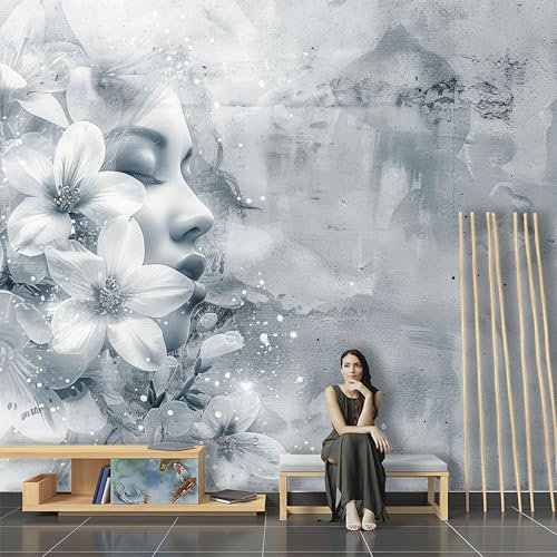 SPECUFX 3D Papier Peint Panoramique Femme Visage Floral Gris Grandes Murales Poster pour Salon Adulte Chambre d'enfants Étude Décoration