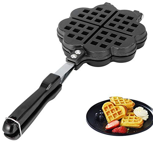 Lybunair Waffeleisen-Pfanne, 5,5 Zoll Stick Proof doppelseitige Waffeleisen, 4-Scheiben-Petaloid-Waffelmaschine für Gasherd und offenes Feuer