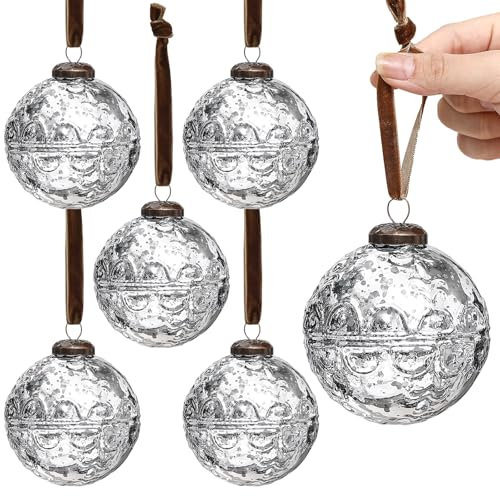 Threan 6 Pcs Large Vintage Mercury Glass Christmas Ornaments 3.15 Hanging Christmas Ball Ornaments Antique Embossed Ball Decorations for Xmas Tree Garland Wreath Holiday Decor(Silver,Etched)