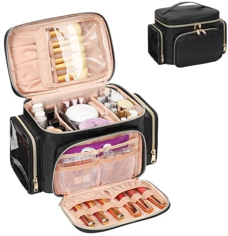Large Makeup Bag, Portable Travel Make up Bag Organiser for Women Cosmetic Bags PU Leather Makeup Brushes Bag with Compartments, Black