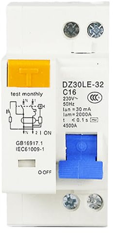Fi Schutzschalter C16 AC 230V 30mA, 1P+N Leitungsschutzschalter, 36mm DIN-Schienen Fehlerstromschutzschalter, Sicherungsautomat, Überstromschutz Kurzschlussschutzgerät(Weiß)