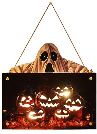Halloween Dekoration Hängeschild Mit LED Kürbislaternen Und Geisterfigur - Batteriebetrieben Leuchtende Wanddeko Für Party, Haus, Tür, Hof - Deko Garten Outdoor
