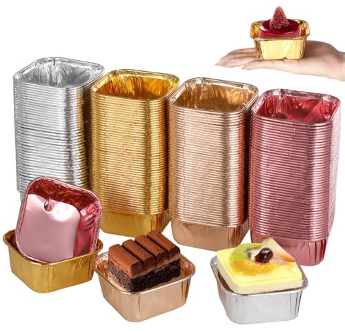 200 Pcs Aluminum Foil Cupcake Liners, Square Disposable Brownie Baking Cups, Mini Dessert Cups, Muffin Cheesecake Pans, Muffin Tin Ramekins Holders for Wedding, Party