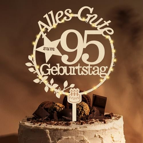 Giftota Cake Topper 95. Geburtstag Holz Mit LED Lichterkette - Deko Und Tortendeko - Kuchen Deko für Frauen Und Männer