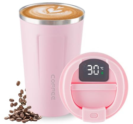 Vakuum-Isolierbecher aus Edelstahl kaffeebecher, Coffee to go becher mit LED-Temperaturanzeige, auslaufsicher, Becher mit Deckel, hält kalt und warm, geeignet für Kaffee, Tee und Bier(pink)