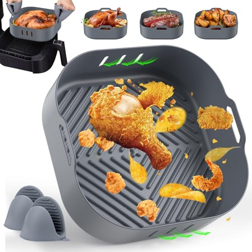Molde Silicona Freidora de Aire, Bandeja Silicona Air Fryer para COSORI Cecotec 5,5L, 6L, Reutilizable Recipientes Cuadrado Cesta Utensilios Accesorios para Freidora de Aire, Microondas, Horno(20,5CM)