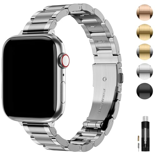 wutwuk Metall Armband für Apple Watch 46mm 45mm 44mm Silber | Ersatzarmband für iWatch SE 3 2 1 Series 12 11 10 9 8 7 6 5 4, Schmal Dünn Edelstahl Elegant Gliederarmband für Damen Frauen