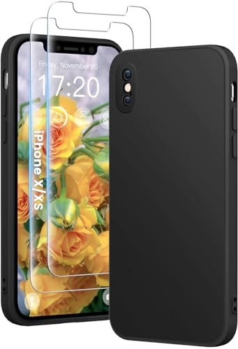 HuwaiH 3 in 1 Hülle für iPhone X/XS, mit 2 Stück 9H 0.33mm Panzerglas, Upgraded Kameraschutz, Kratzfeste Stoßfeste Handyhülle für iPhone X/XS(Tiefschwarz)