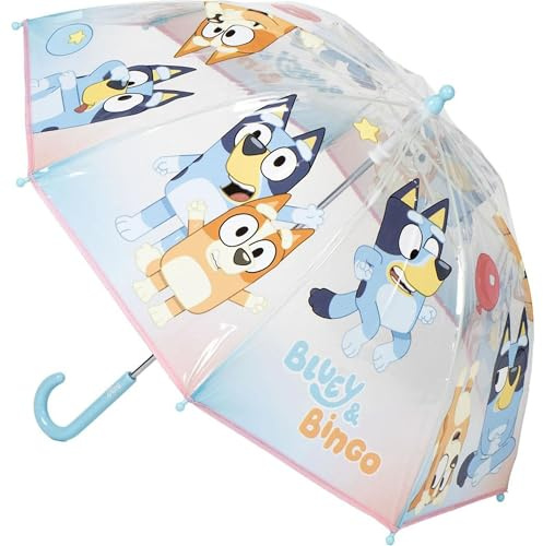 Blauer Regenschirm für Kinder, manuell, transparent, mit offiziellem Bluey-Design, manuelle Sicherheitsöffnung und hohe Schutzkuppel, für Kinder an Regentagen, Bluey, T45C:45 CM, Lizenzprodukt