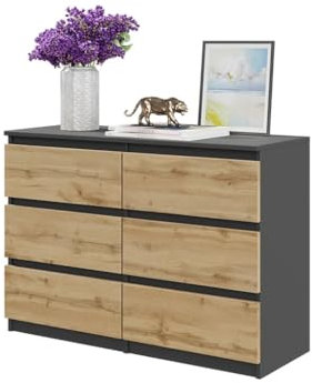 Furnica Kommode 100cm Sideboard mit 6 Schubladen - 100x71x33cm (Anthrazit Grau/Wotan Eiche)